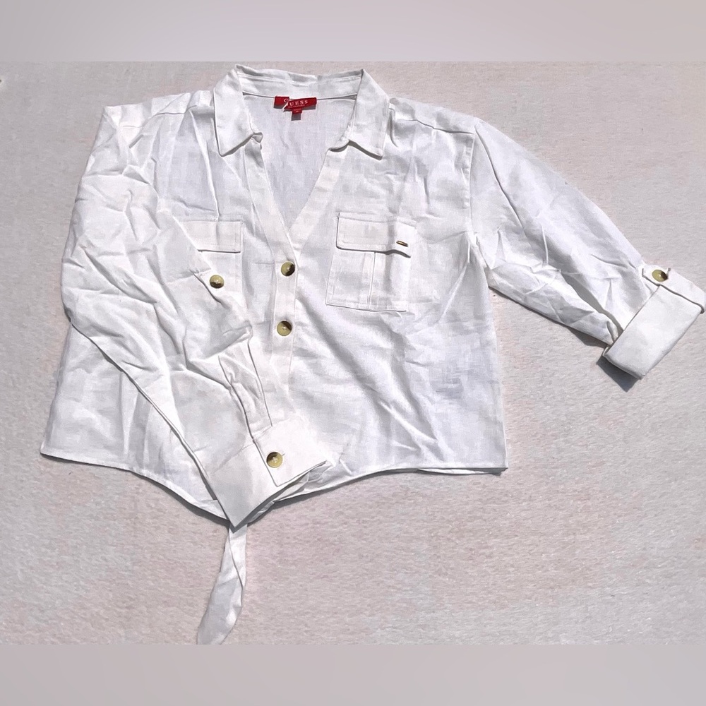 Guess White Linen Harper Tie Front Top Shirt Peasant Size XL Y2K NEW